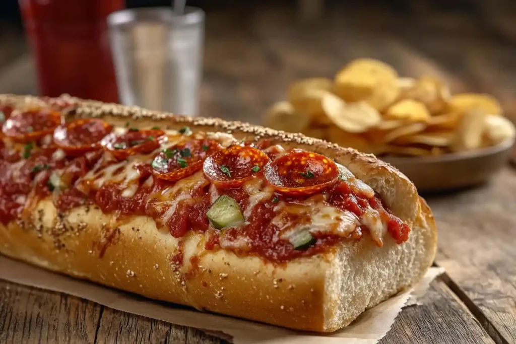 Close-up of a Subway Pizza Sub Melt with marinara sauce, cheese, and pepperoni.