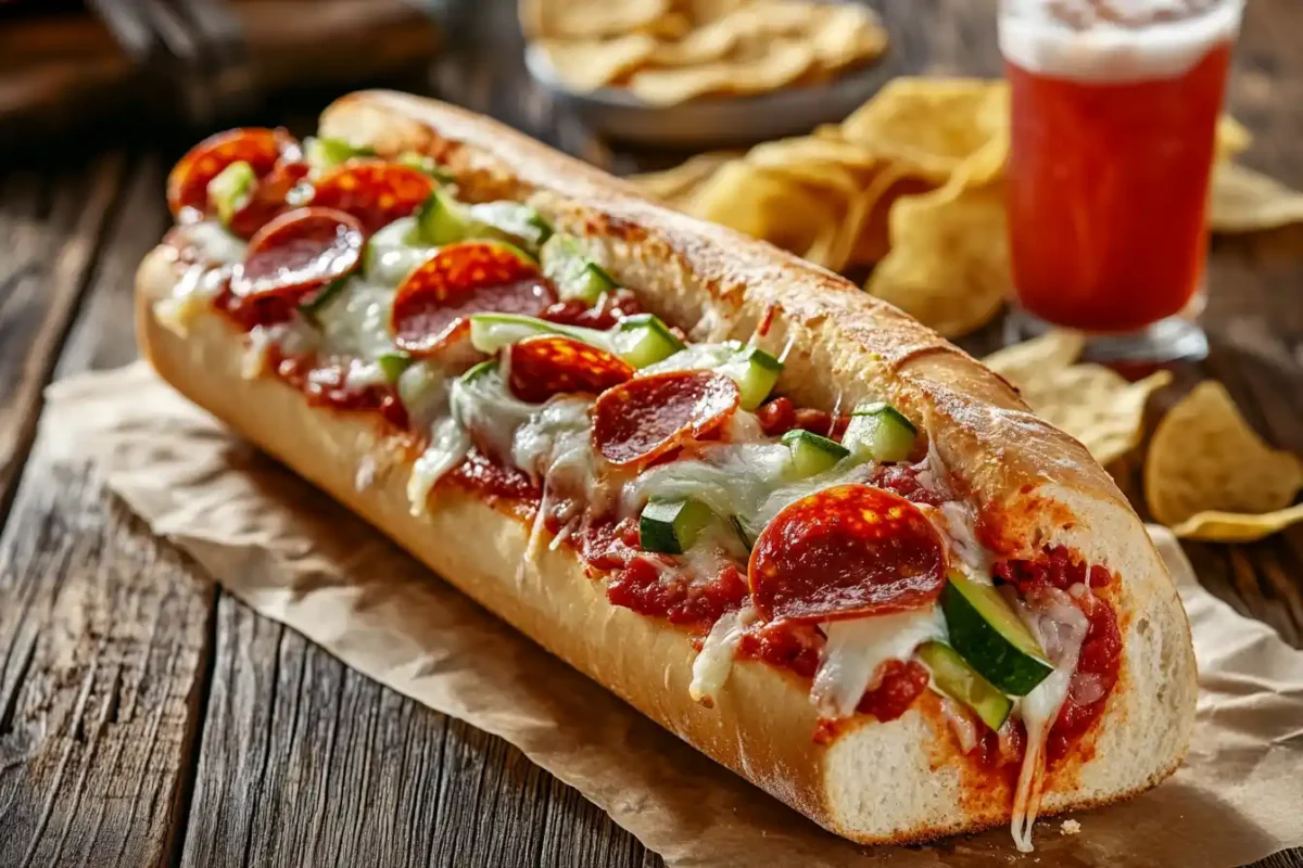 Subway Pizza Sub Melt with cheese, pepperoni, marinara, and veggies.