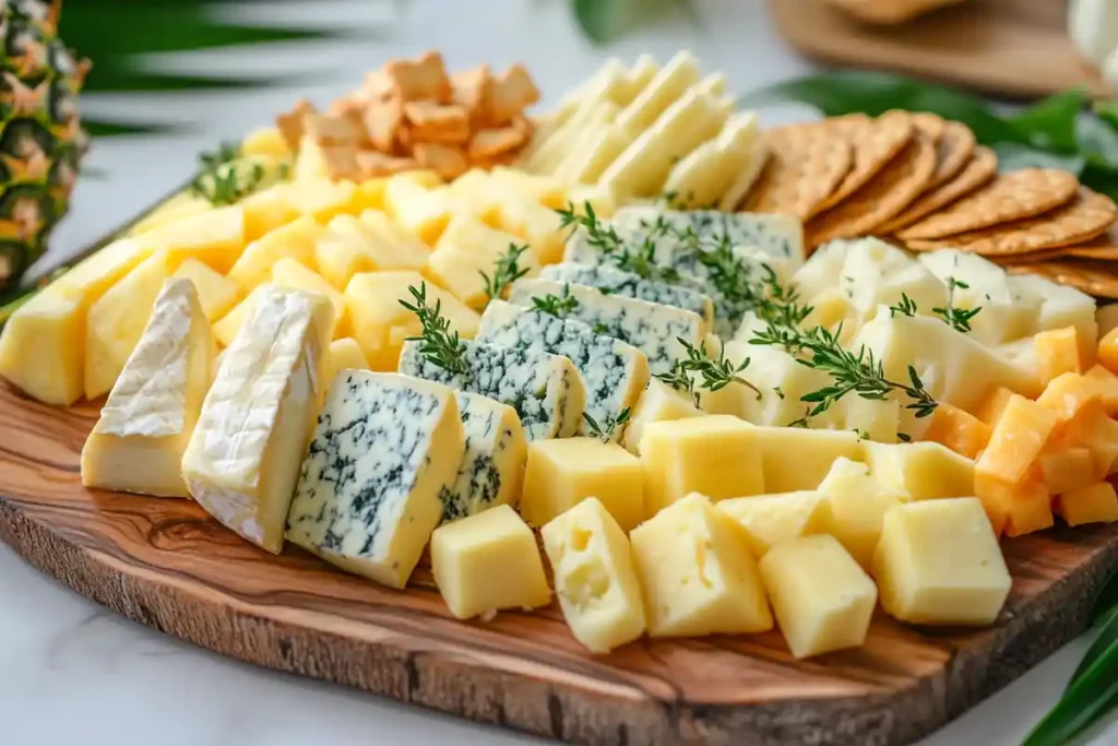  Pineapple and assorted cheeses platter on a rustic board.