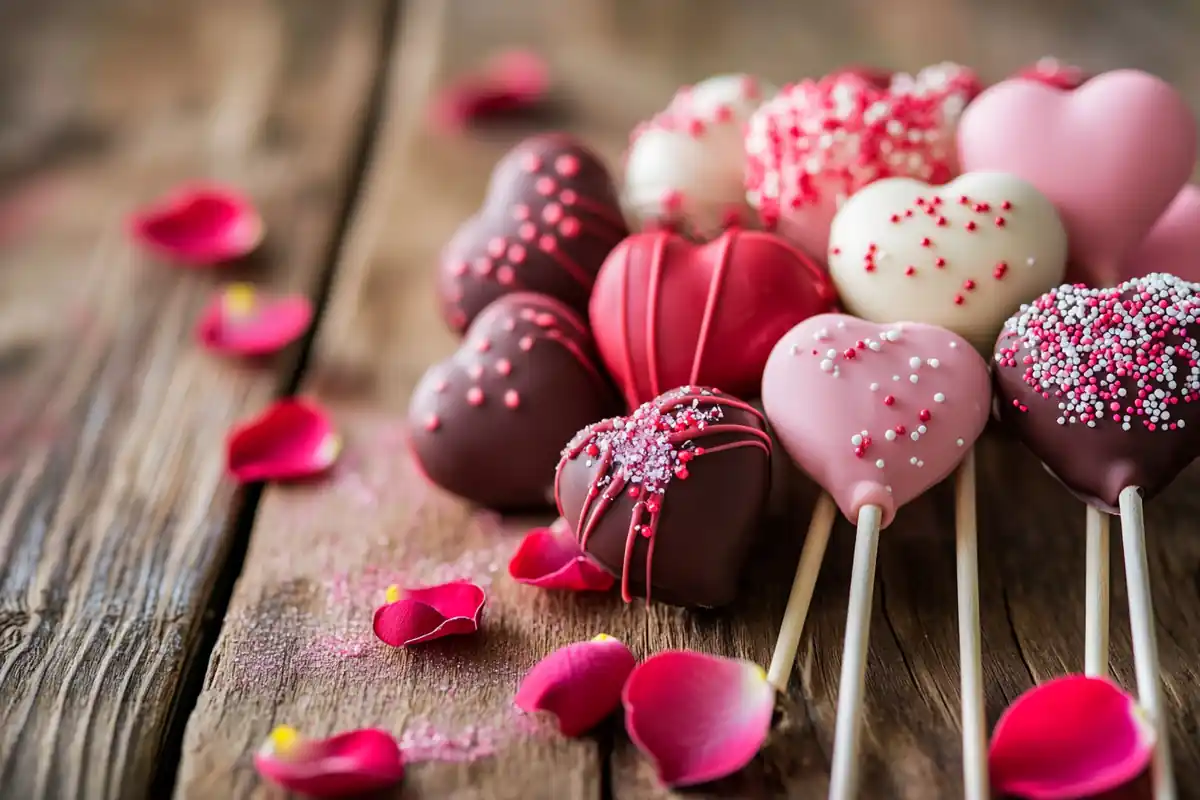 Heart-shaped chocolate cake pops with sprinkles on a wooden surface.