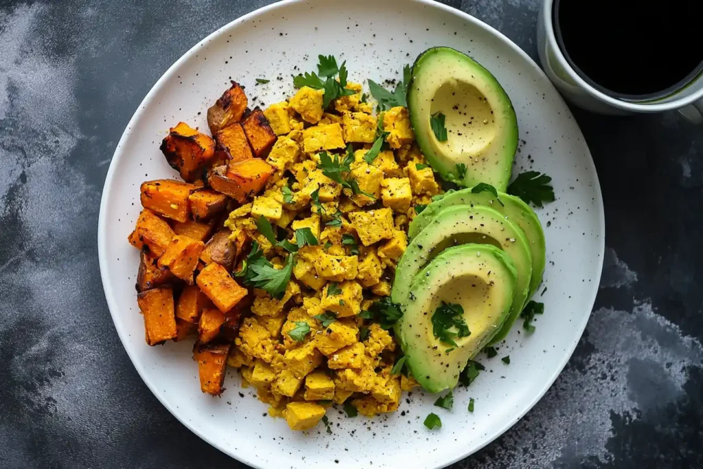 Vegan high-protein breakfast with tofu scramble and avocado