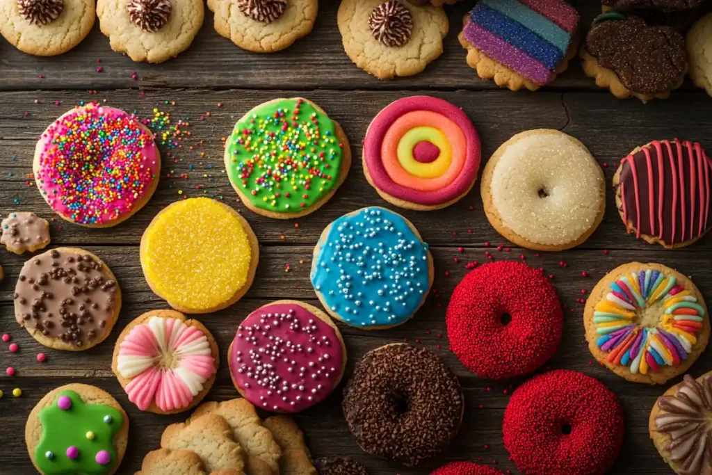 Colorful cookies with vibrant ingredients like rainbow sugar cookies, matcha cookies, and red velvet cookies on a wooden table.