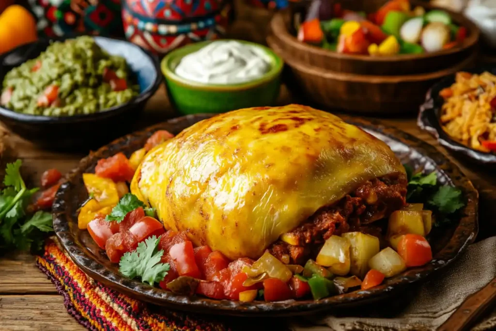 Plate of papa rellena with traditional Peruvian sides