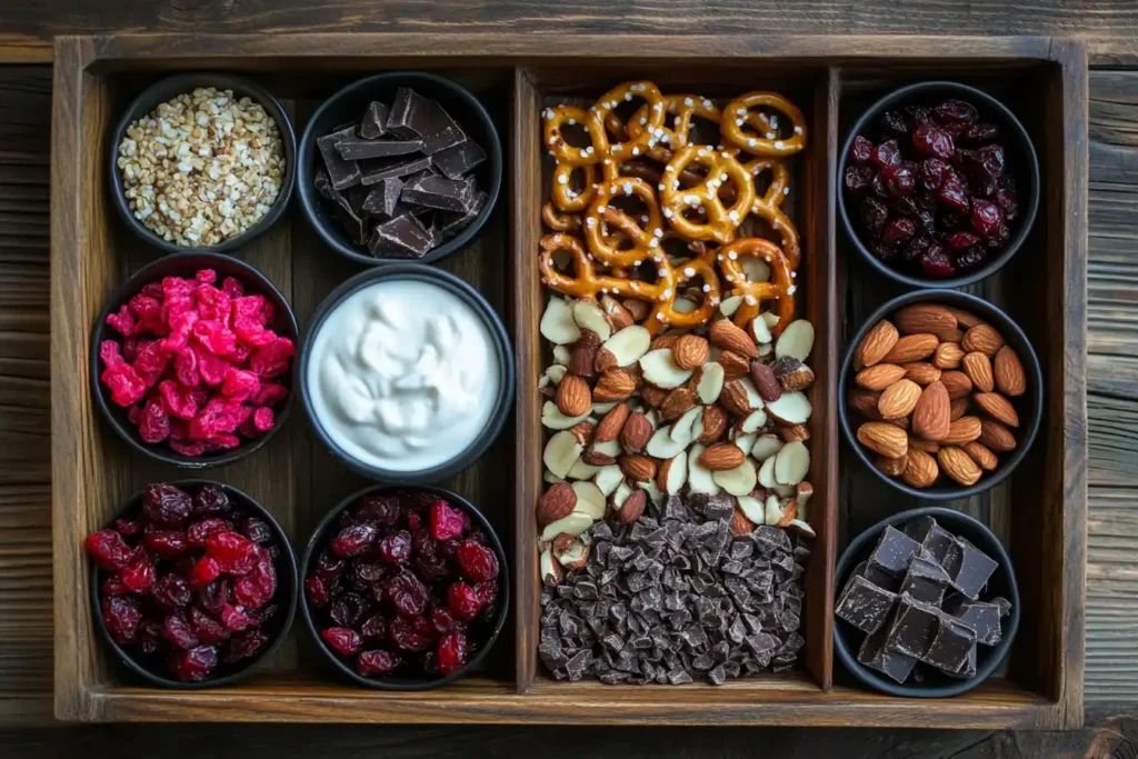 Snack mix featuring yogurt-covered pretzels and dried fruits