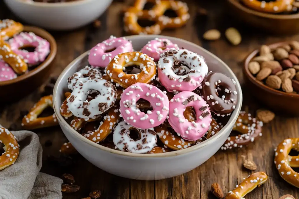 A bowl of colorful yogurt-covered pretzels with sugar sprinkles and nuts.