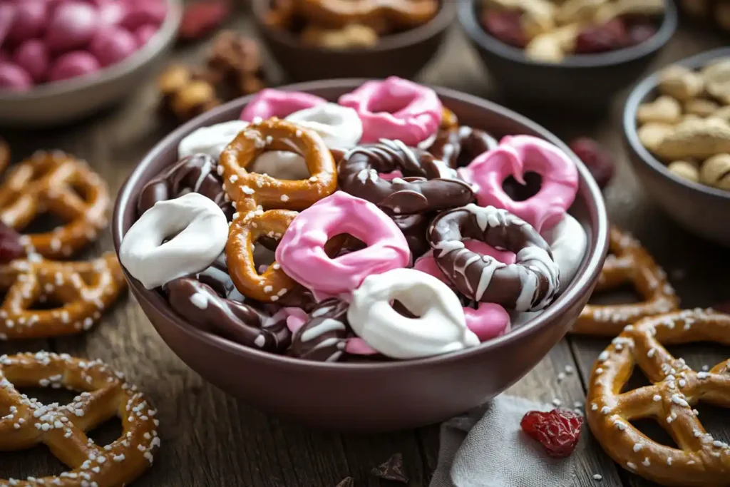 Bowl of colorful yogurt-covered pretzels on a rustic table