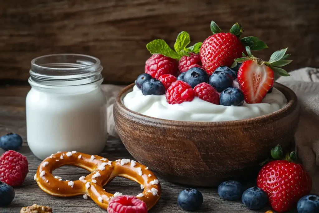 Yogurt-covered pretzels in a rustic bowl with yogurt and fresh berries.