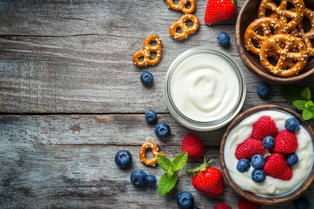 Yogurt, pretzels, and berries on a rustic table.