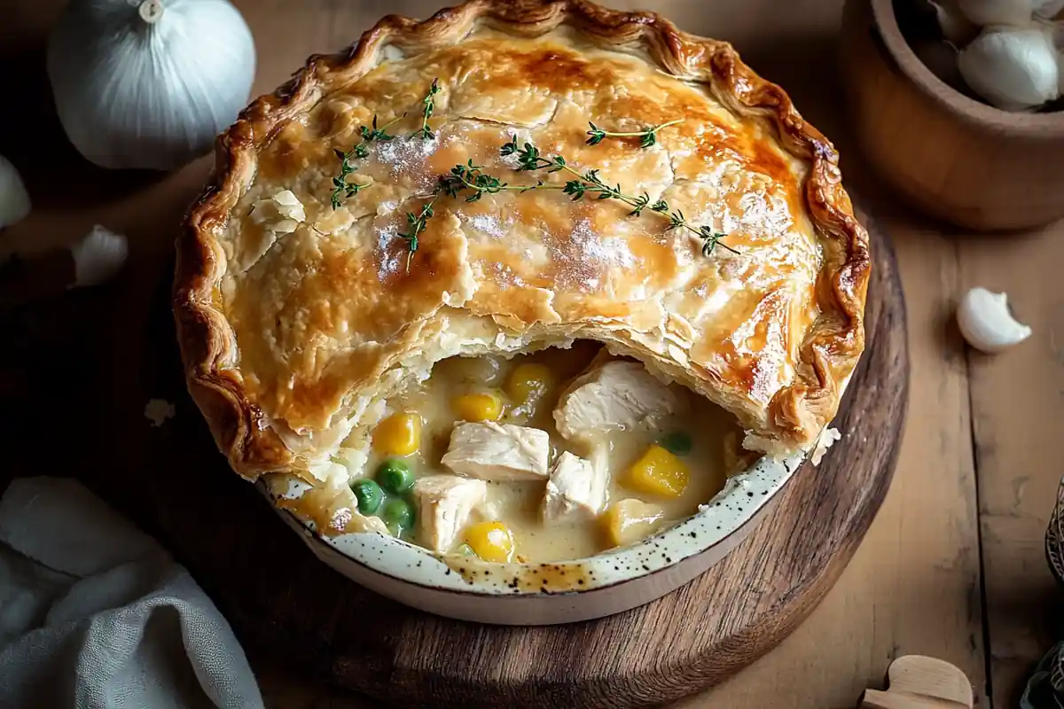 Chicken pot pie with golden crust and creamy filling.