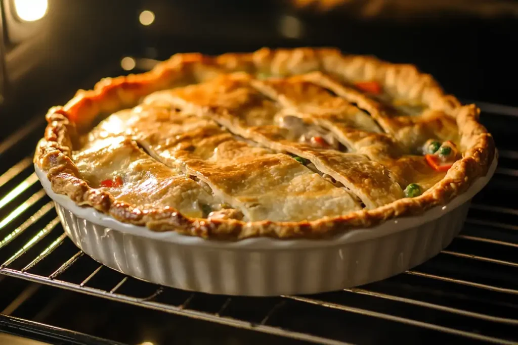 Chicken pot pie baking in the oven with a golden crust.