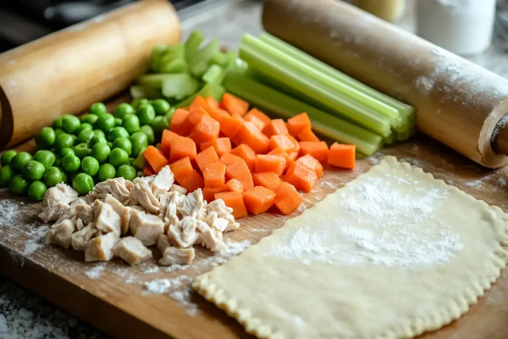 Fresh ingredients for a homemade chicken pot pie on a cutting board.Chicken Pot Pie Recipe